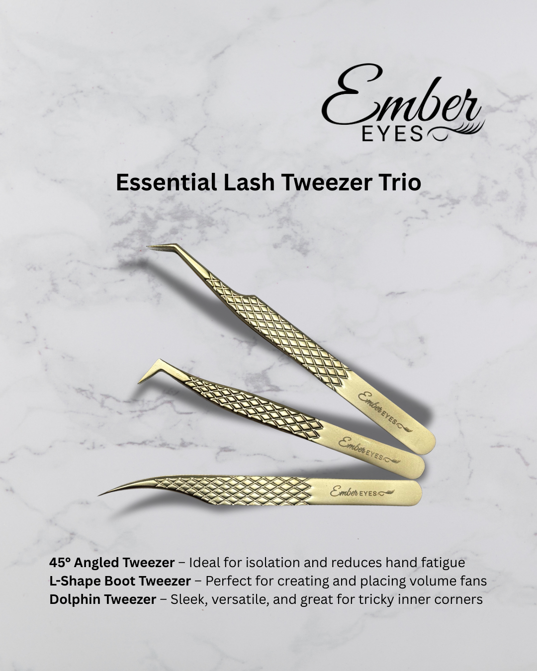 Essential Lash Tweezer Trio – 45° Angled, 90° Boot, and Dolphin Tweezers