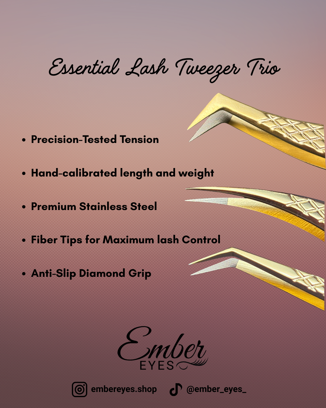 Essential Lash Tweezer Trio – 45° Angled, 90° Boot, and Dolphin Tweezers