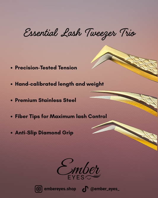 Essential Lash Tweezer Trio – 45° Angled, 90° Boot, and Dolphin Tweezers